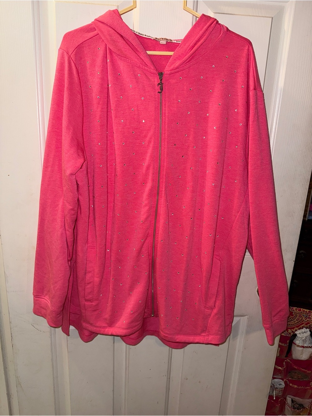 Juicy Couture Bling Hot Pink Hoodie XL Silver Zipper Rare Barbie pink Bejeweled